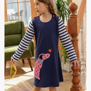 Navy Blue Striped Kids Nightgown with Dog Design